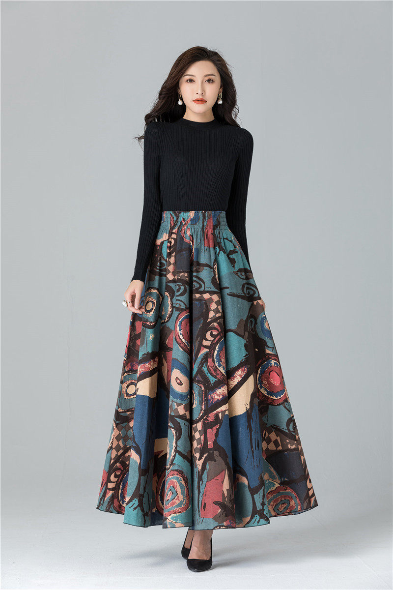 Female Cotton Linen Autumn Vintage Plus Size a-line High Waist National Fashion Big Flower Maxi Ladies Skirts for Womens