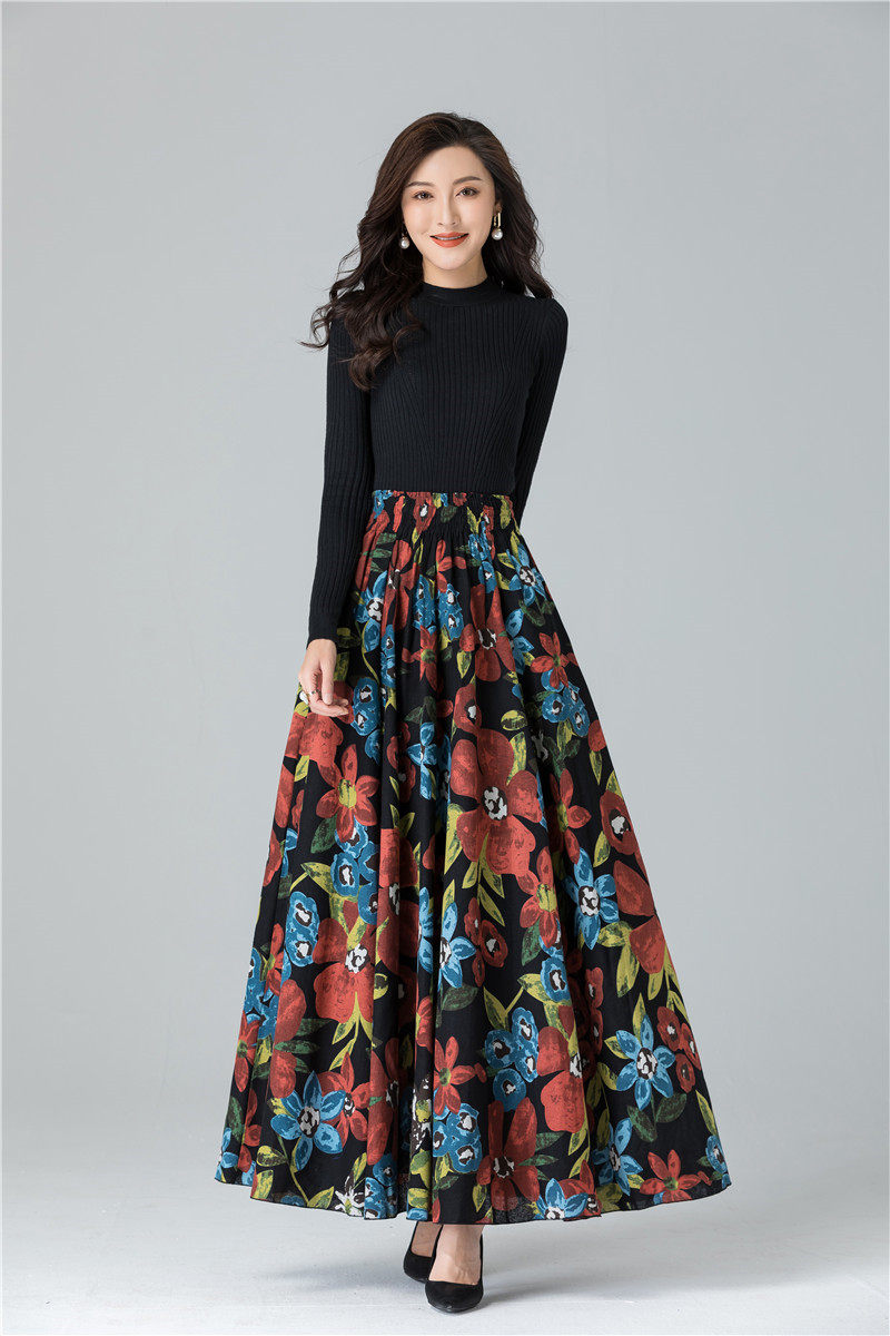 Female Cotton Linen Autumn Vintage Plus Size a-line High Waist National Fashion Big Flower Maxi Ladies Skirts for Womens