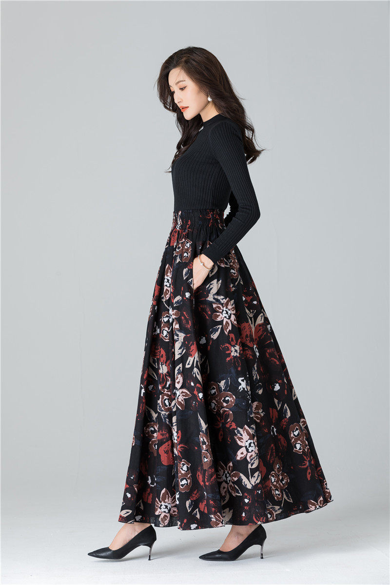 Female Cotton Linen Autumn Vintage Plus Size a-line High Waist National Fashion Big Flower Maxi Ladies Skirts for Womens