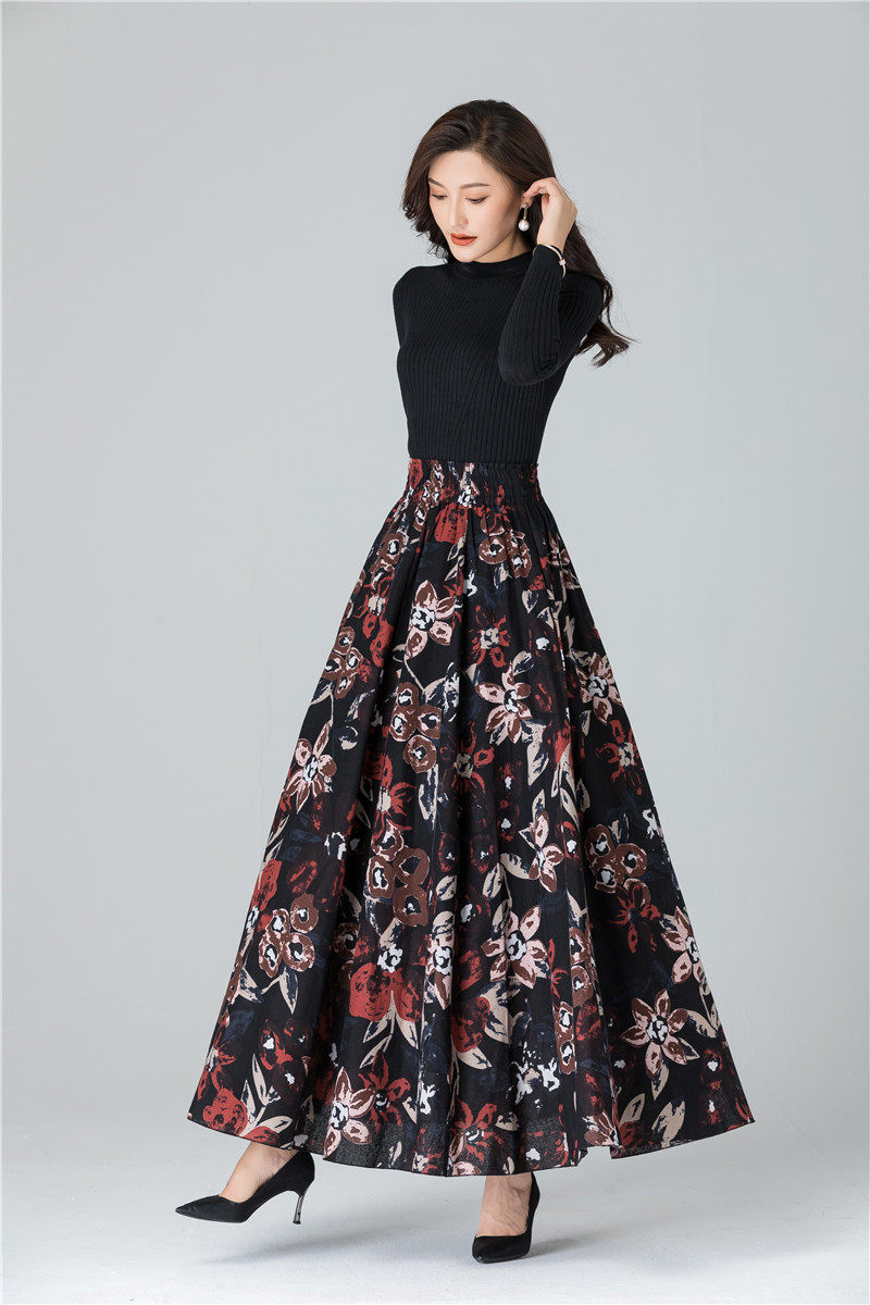 Female Cotton Linen Autumn Vintage Plus Size a-line High Waist National Fashion Big Flower Maxi Ladies Skirts for Womens