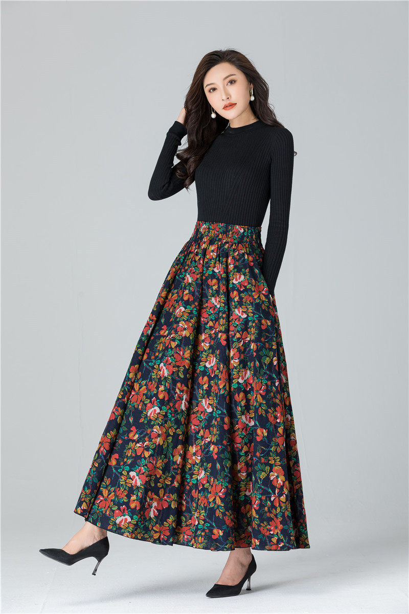 Female Cotton Linen Autumn Vintage Plus Size a-line High Waist National Fashion Big Flower Maxi Ladies Skirts for Womens