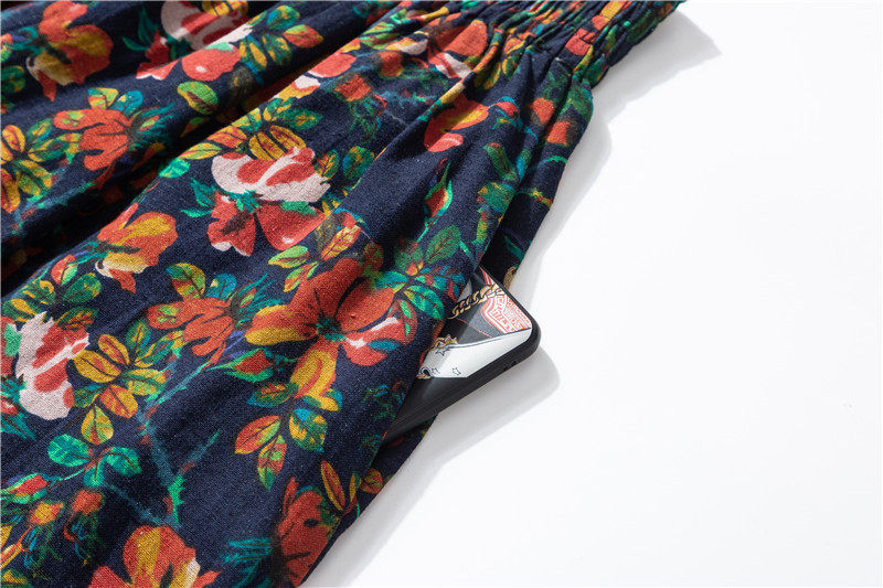 Female Cotton Linen Autumn Vintage Plus Size a-line High Waist National Fashion Big Flower Maxi Ladies Skirts for Womens