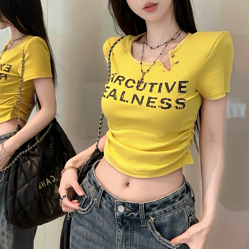 Dopamine Spicy Girl Crop Top Pleated Slim-Fit Short-Sleeve T-Shirt Women's Sweet Cool Bm Letter Print Top