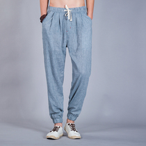 Linen pants Mens summer thin 9-point casual pants Chinese style cotton and hemp loose wide-leg pants drawstring nine-point pants