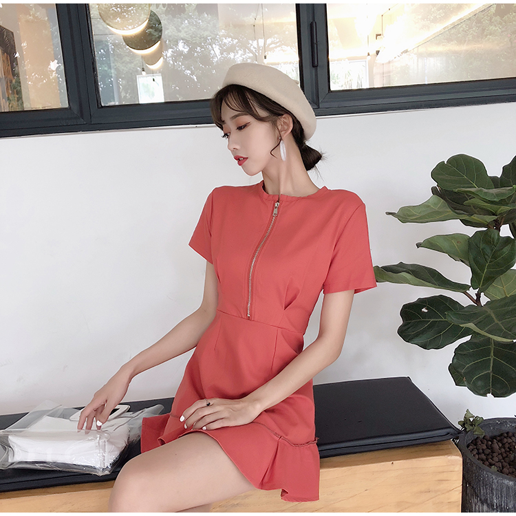 VK旗艦店 韓系荷葉邊裙子氣質純色短袖洋裝