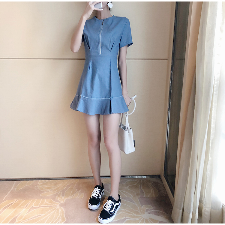 VK旗艦店 韓系荷葉邊裙子氣質純色短袖洋裝