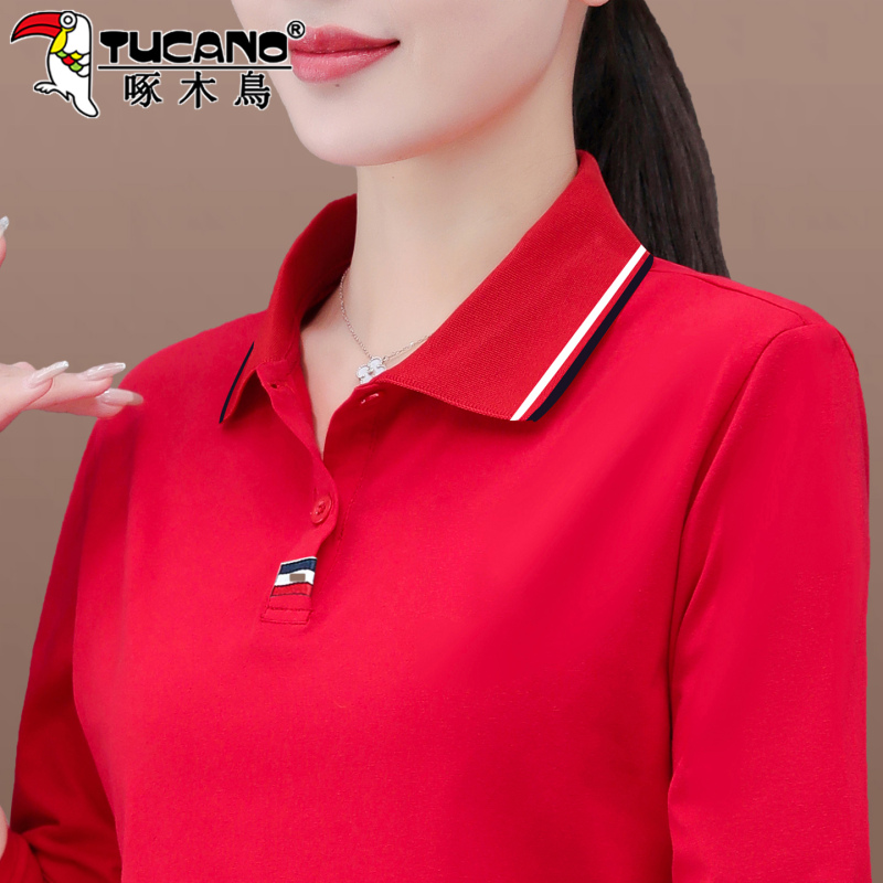 Woodpecker Pure Cotton Red Long-Sleeved T-Shirt for Women, Spring and Autumn 2026 New Polo Shirt, Early Spring Single-Wear Lapel Top t