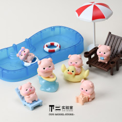Blind Bag Mini Surfing Piglet Realistic Swimming Pool Miniature Animal Figurine Model Toy Micro Landscape Scene Decoration
