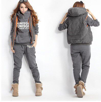winter hoodies women sports suits 3pcs hooded pants vests