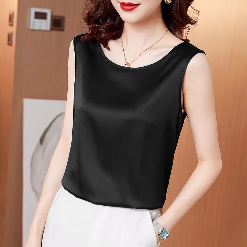 Women's Camisole to Wear under a Suit, New Spring/Summer Design, Black Acetate Satin Sleeveless Base Shirt Top, Trendy