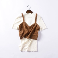 [小雨 女装] [hai mảnh] J 18 vòng cổ mùa thu đan trên đầu + áo yếm áo thun có cổ