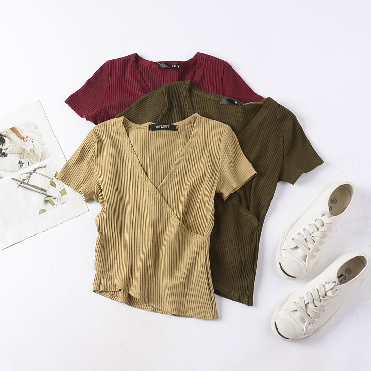 G ¥ 10 2018 Hàn Quốc phiên bản mới chéo v-cổ không thường xuyên ngắn tay áo thun nữ màu rắn chặt chẽ phù hợp đáy áo áo len zara