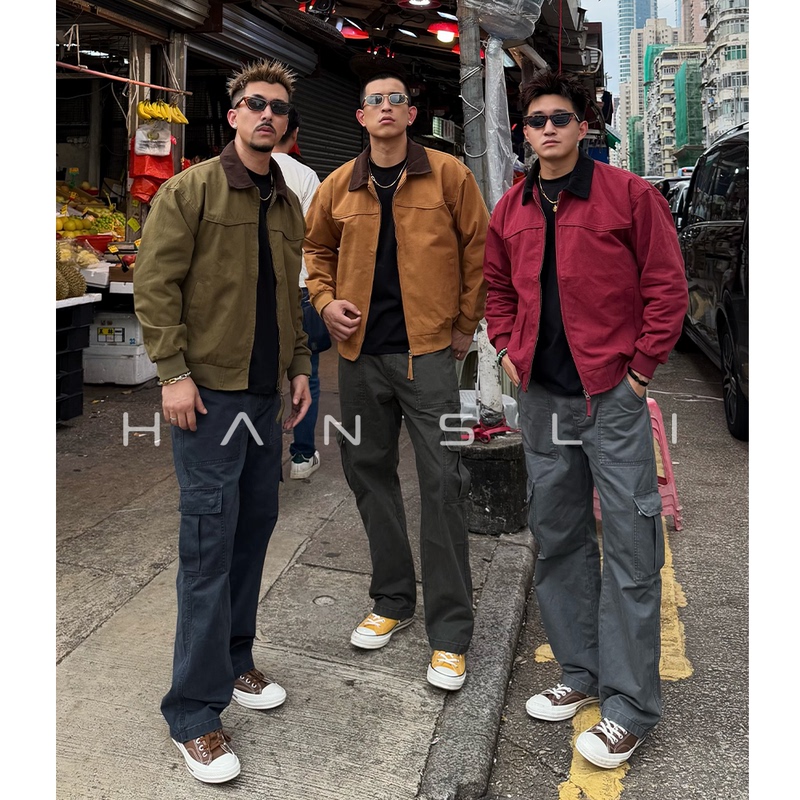 Hansli New Autumn American Retro Men's Casual Jacket with Turn-Down Collar Detroit Jacket Trendy Color-Blocking Workwear Hansli New Autumn American Retro Men's Casual Jacket with Turn-Down Collar Detroit Jacket Trendy Color-Blocking Workwear