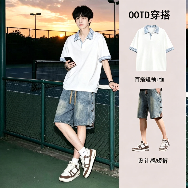 American Retro Plaid Polo Short-Sleeved T-Shirt for Boys, Summer Suit with Stylish Design and Handsome Look, Paired with Denim Shorts