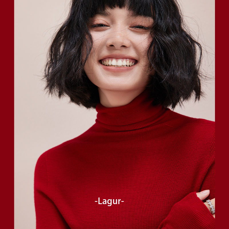 The Year of the Rabbit Is Red! Yangzi Yarn Wool Knit Base Layer Sweater for Women, Winter Slim-Fit Turtleneck Sweater, 2025 New Model