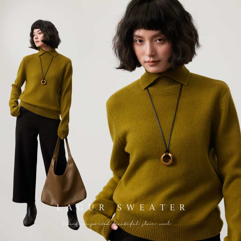 Lagur Ireland's Blue ~ 100% Merino Wool Thickened Base Knit Sweater, Warm Inner Layer with a Half-High Collar