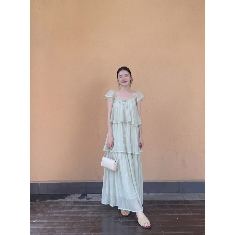 Plus Size Dress/French Romantic Mint Green Holiday Dress for Women, Summer Lace Trim Patchwork Tiered Dress Plus Size Dress/French Romantic Mint Green Holiday Dress for Women, Summer Lace Trim Patchwork Tiered Dress