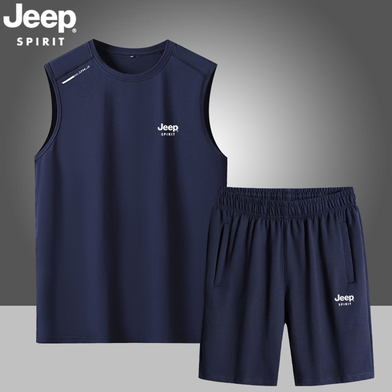 Jeep Summer New Style Pure Cotton Sleeveless Vest Set Men's Vest Sports Running Loose Vest Shorts Two-Piece Set