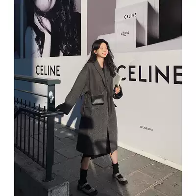 Fan Zhiqiao black woolen coat women's autumn and winter popular over-the-knee mid-length thickened woolen coat