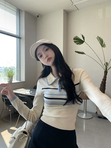 Лонгслив, приталенный сексуальный свитер, воротник поло, в корейском стиле