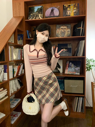 Лонгслив, приталенный сексуальный свитер, воротник поло, в корейском стиле