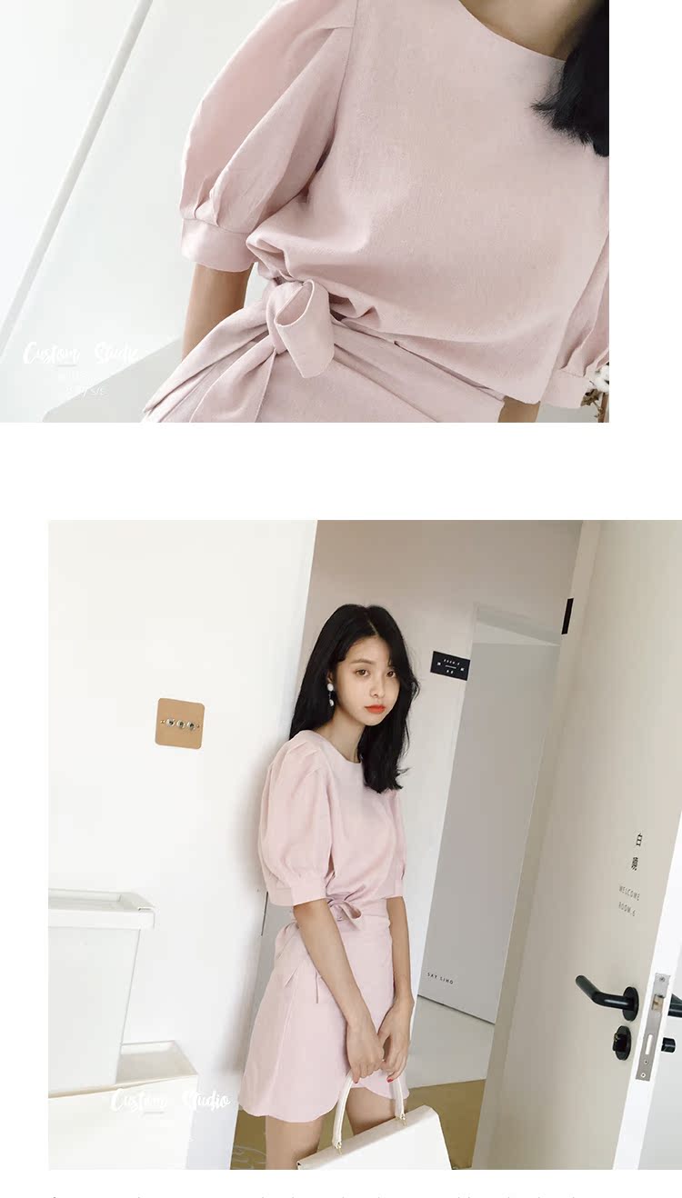 亚麻连衣裙女夏2017新款小心机气质a字连衣裙假两件套装裙