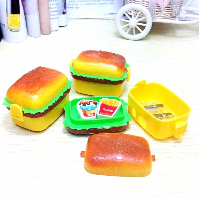 Korea Creative Stationery McDonald Hamburg Bag Double Hole Sharpened Pencil Eraser student gift wholesaler