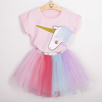 Foreign Trade Child Dress Girl Rainbow Dress Pure Cotton T Shirt Short Skirt Suit Mesh Veil Fluffy Skirt Pony Princess Dresses Dress Skirt