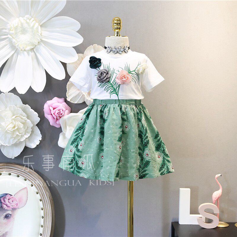 Girls suit three-dimensional flower cotton T-shirt plus skirt skirt summer new foreign trade 3-8 years old foreign trade children's clothing
