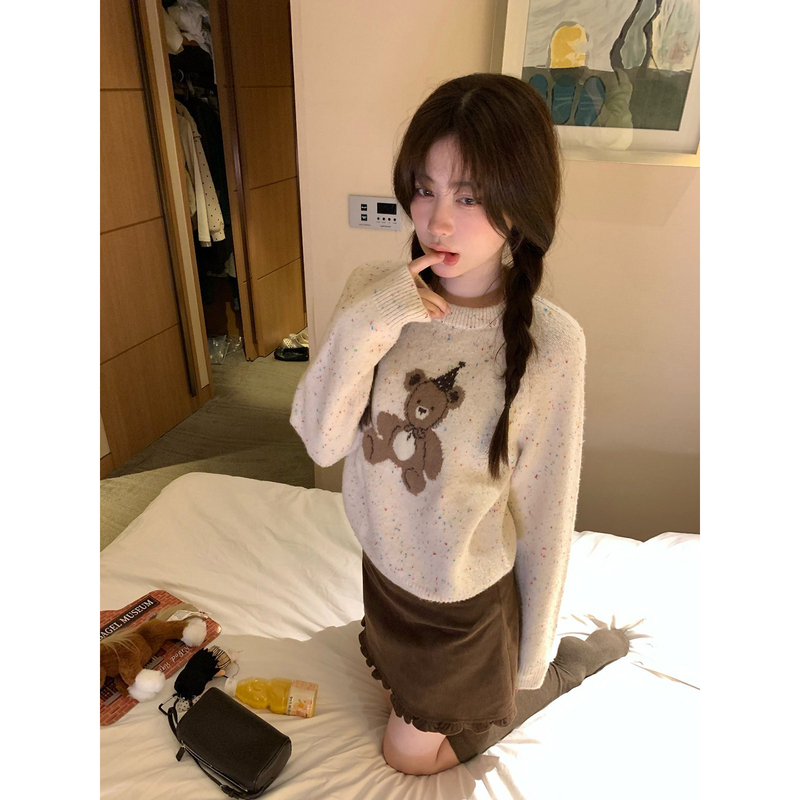 Ptonumi Little Bear Fairy Tale Town Small Dot Jacquard Sweater for Women, Autumn Loose Slimming Knitwear Ptonumi Little Bear Fairy Tale Town Small Dot Jacquard Sweater for Women, Autumn Loose Slimming Knitwear