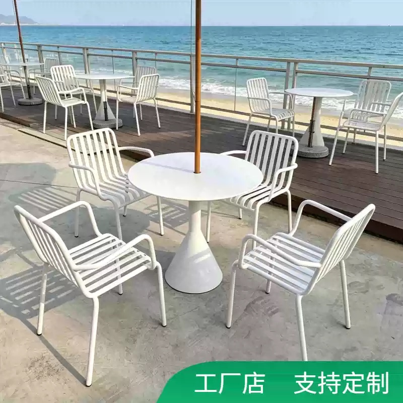 Outdoor Round Table with Umbrella, Table and Chair Set, Courtyard Coffee, Milk Tea, Dessert Shop, Outdoor Leisure Area, Terrace Outdoor Table and Chairs