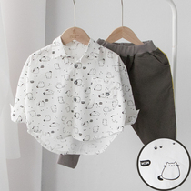 Cat-sucking cat childrens shirt boys long sleeve shirt cotton childrens baby spring coat Korean version of foreign style tide childrens clothing