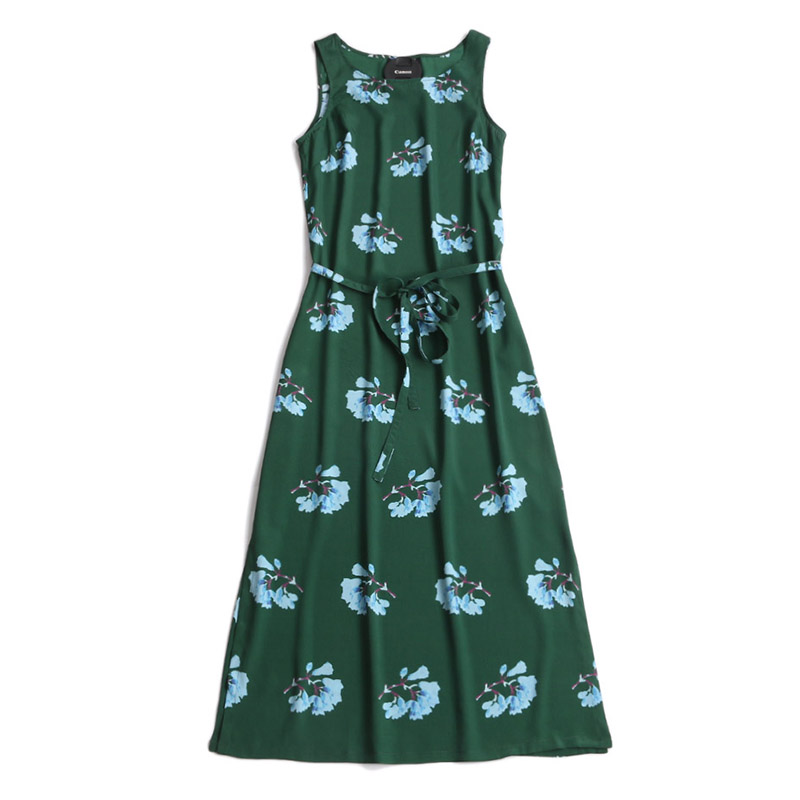 C511 heavyweight silk dress Sleeveless A-line belt waist top skirt Pure mulberry silk and foot green flower long skirt