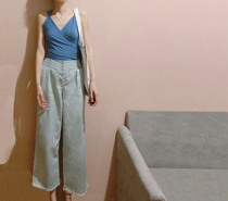 Sky In Paloma) Light Blue Slim Slim Straight Barrel Jeans Women Tight Waist Flow Susides Design Late Evening Condo