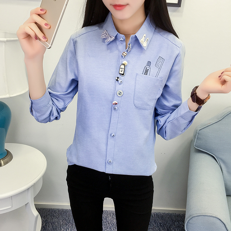 Áo sơ mi trắng tay dài nữ lửng thêu thêu áo sơ mi đại học lộng gió áo sơ mi mềm mại văn học Nhật áo sơ mi kẻ nữ dài tay
