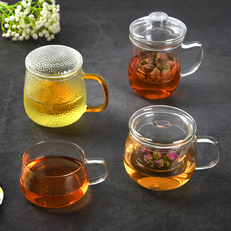 Tea cup glass three-piece cup filter household with lid and handle to make tea cup transparent flower tea cup for men and women