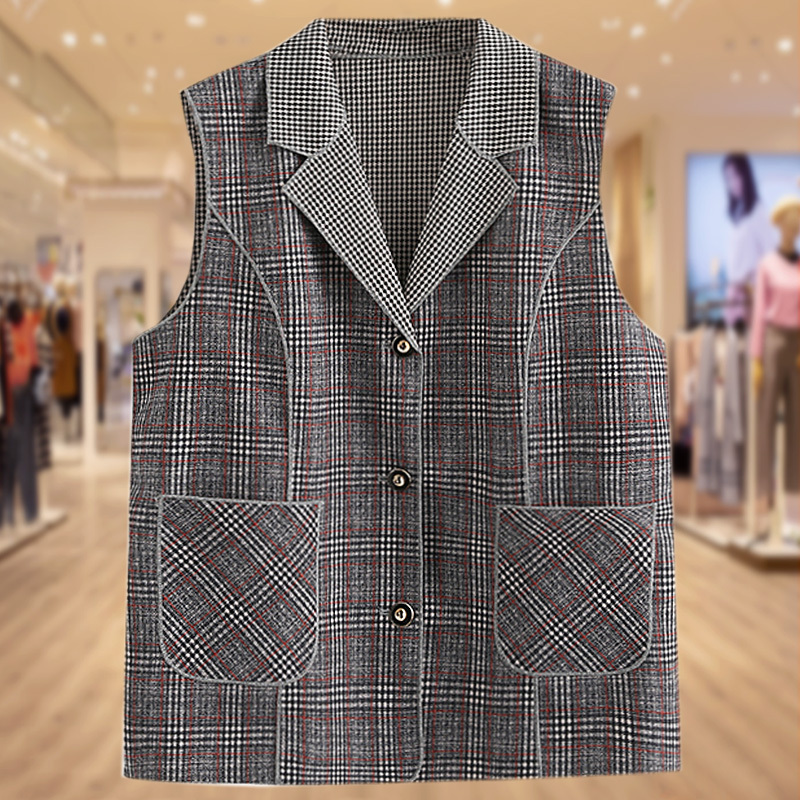 Trendy Grandma Spring and Autumn Vest, Thin Outerwear for Middle-Aged and Elderly Women, Plus-Size Women's Plaid Vest Jacket