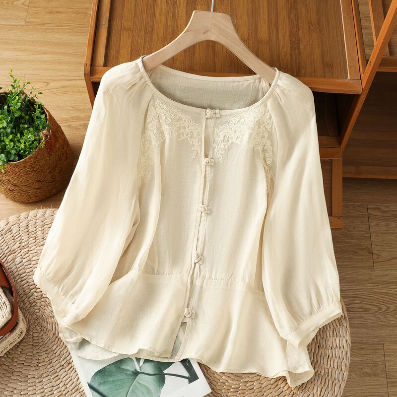 Chinese-Style Round-Neck Embroidered Cotton-Linen Shirt, Plus-Size Women's Clothing, 2026 Summer New Fashion Versatile Three-Quarter Sleeve Top Chinese-Style Round-Neck Embroidered Cotton-Linen Shirt, Plus-Size Women's Clothing, 2026 Summer New Fashion Versatile Three-Quarter Sleeve Top