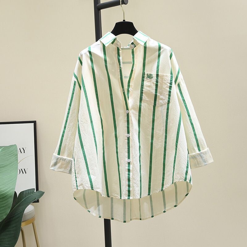 Age-Reducing Green Striped Shirt for Women 2026 Spring and Autumn New Korean Style Loose Casual Long-Sleeved Shirt Versatile Top
