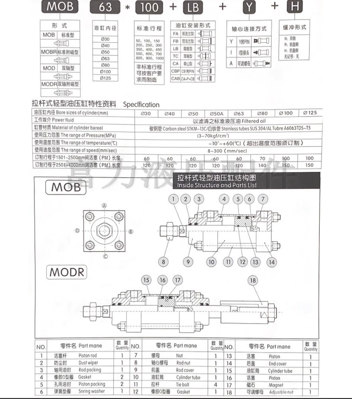 Xi lanh khuôn nhẹ MOB xi lanh thủy lực hai chiều MOB30/40/50*50 100 150 200 250 300