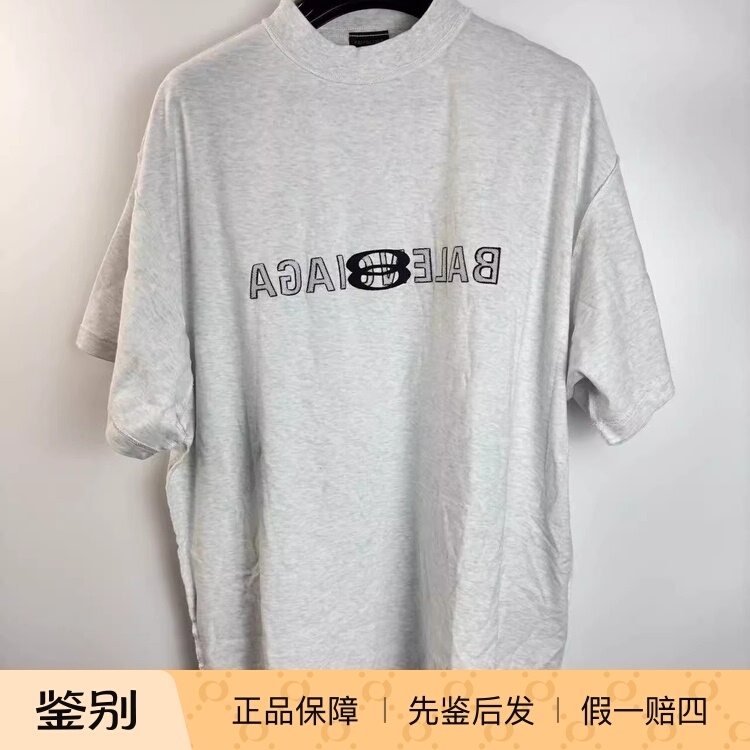 Domestic In-Stock Balenciaga New Model Gray Double-Sided Embroidered Logo Crew Neck Short Sleeve