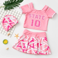 Розовый купальник, юбка, плавательная шапочка