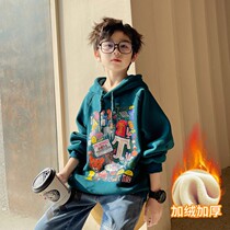 Boys hooded sweater spring and autumn 2022 new style childrens autumn and winter fashionable plus velvet thickening loose tide