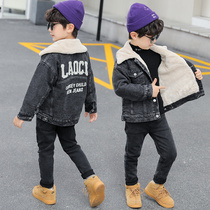 Boys winter velvet jacket 2022 new winter denim thickened top childrens cotton clothes autumn and winter style