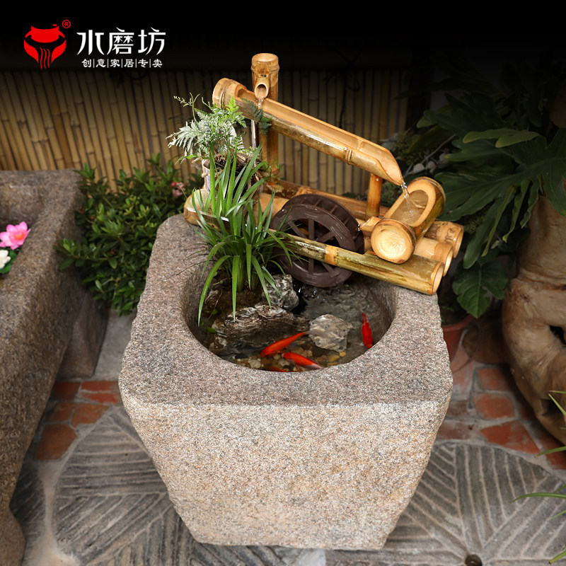 Courtyard Bamboo Flowing Water Landscape Landing Wind Water Wheel Fake Mountain Fountain Balcony Fish Pool Building View Folk Juku Ornament Swing
