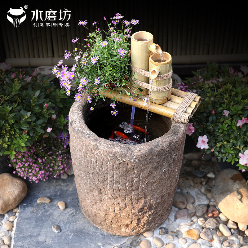 Courtyard Retro Fake Mountain Fountain Landscape Folkland Garden Floor Flowing Water Fish Pond Zen balcony Balcony Building with Decorative Swing