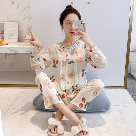Cotton silk pajamas pure cotton long-sleeved ultra-thin women's cotton silk summer suits home clothes spring autumn summer confinement clothes