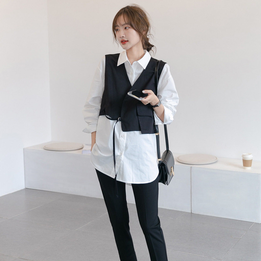 Design Niche~Internet celebrity maternity dress spring and autumn fashion foreign style loose long-sleeved shirt suit vest two-piece suit