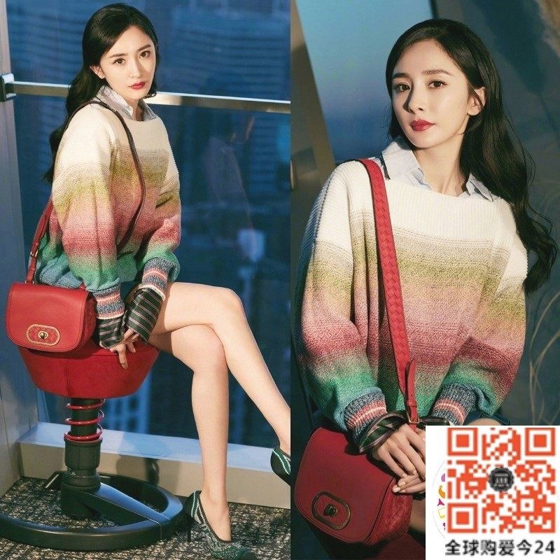 Hong Kong 2020 Yang Mi Star Same Style Rainbow Stripe One Shoulder Sweater Fashion Gradient Color Warm Knitted Sweater Women