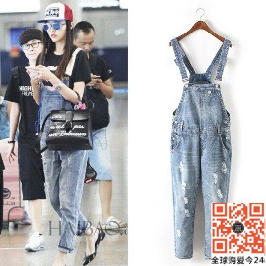 Hong Kong 2020 Tang Yan star same style fashion ripped overalls jeans skinny pants washed nine-point pants women's fashion